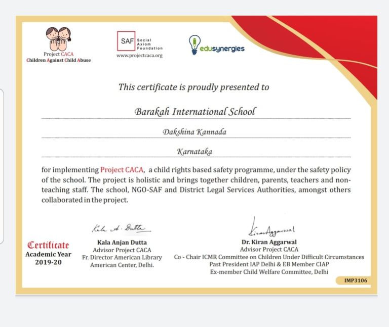 Award for PROJECT CACA under the safety policy of the school for the year 2019-20